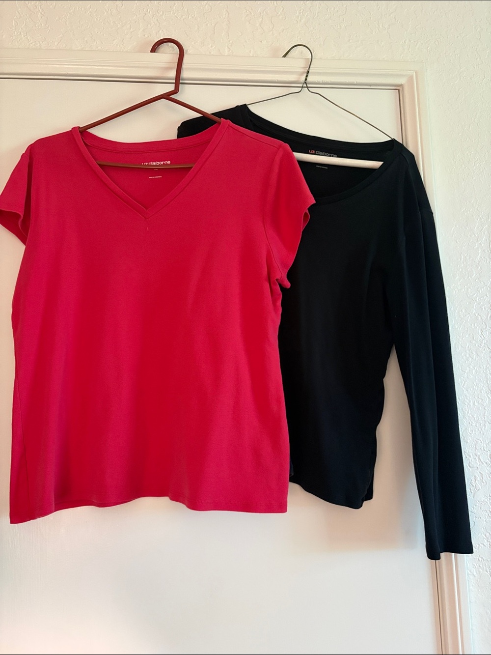 Liz Claiborne Bright Pink V‑Neck Short Sleeve Tee with Black Long Sleeve Tee